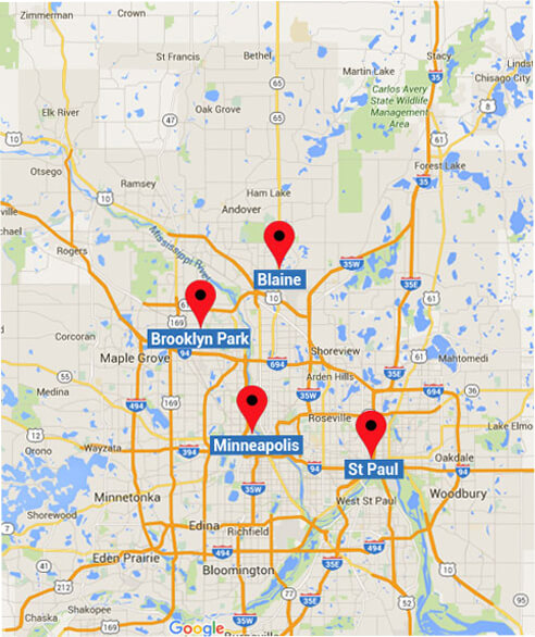 Map view of Walker and Walker Minnesota Bankruptcy Attorneys Offices in Minneapolis, St. Paul, Blaine and Brooklyn Park