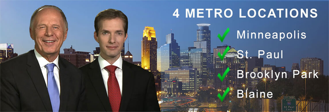 Graphic comprising Curtis Walker and Andrew Walker in front of Minneapolis skyline, mentioning their offices in Minneapolis, St. Paul, Brooklyn Park and Blaine